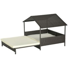 Extendable Wicker Outdoor Dog Bed with Waterproof Roof Soft Cushion Small Medium Dogs Cream White